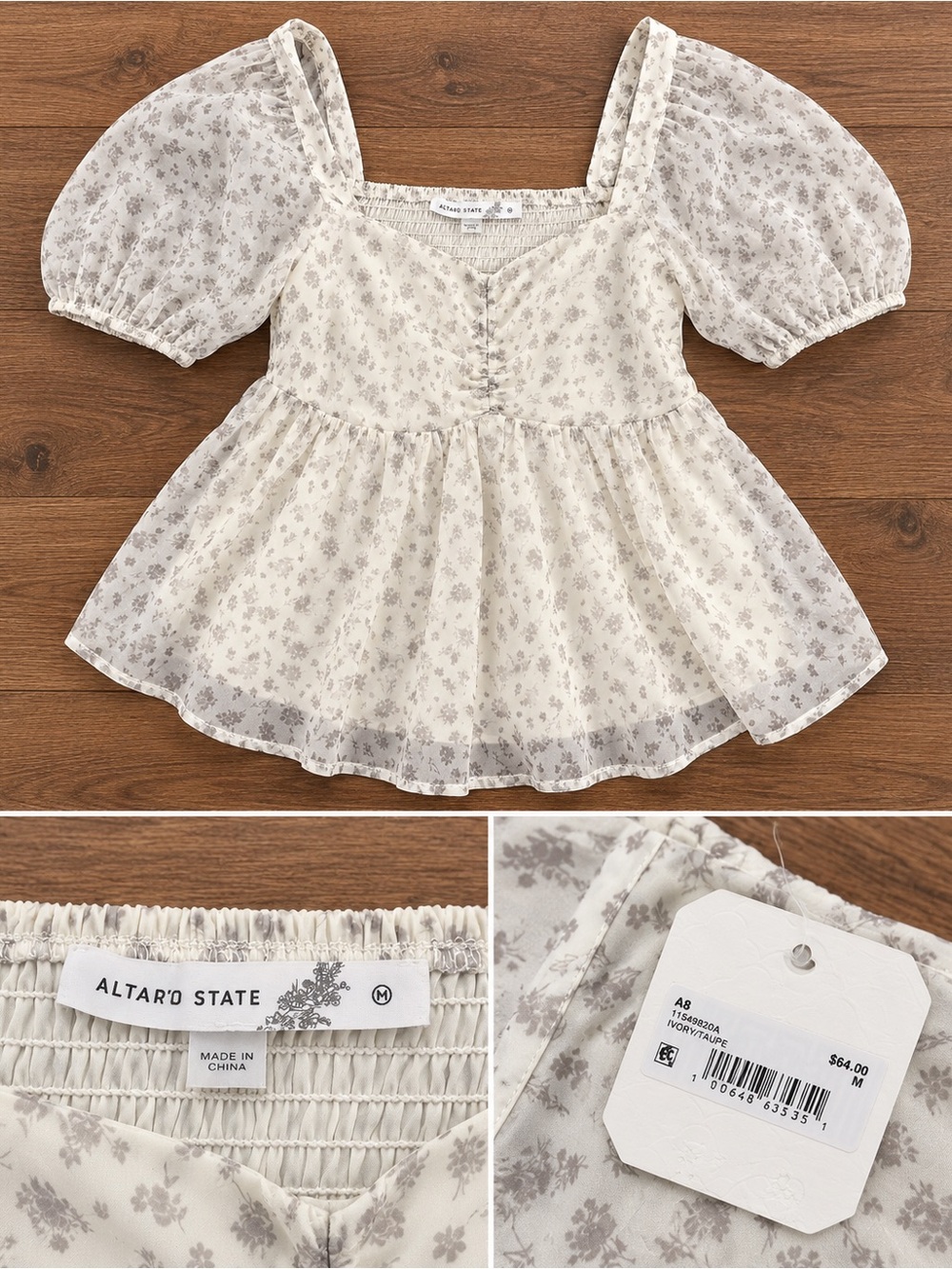 Altar'd State Cream Floral Puff-Sleeve Peplum Blouse